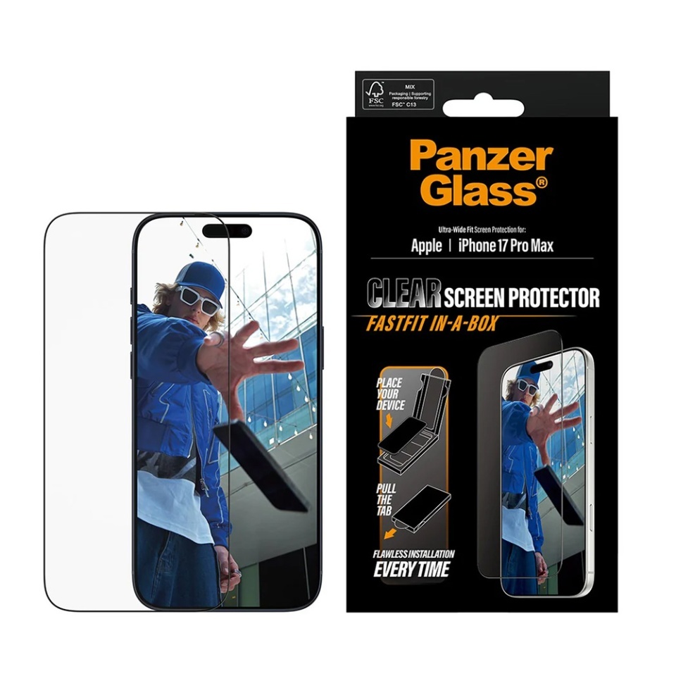 Folie Sticla pentru iPhone 17 Pro Max, Ultra-Wide Fit w. FASTFIT IN-A-BOX, PanzerGlass, Anti-Soc si Anti-Bule, Transparent - 2 | YEO