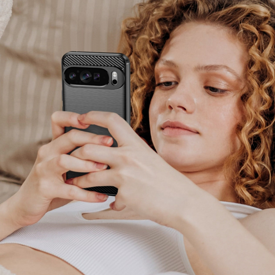 Husa Google Pixel 9 Pro din silicon, Slim, cu textură Fibra Carbon - Negru - 2 | YEO