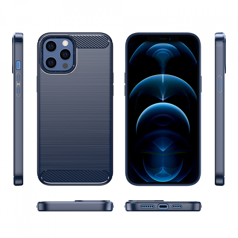 Husa iPhone 12 Pro Max din silicon, Slim, cu textură Fibra Carbon - Albastru carbon - 1 | YEO