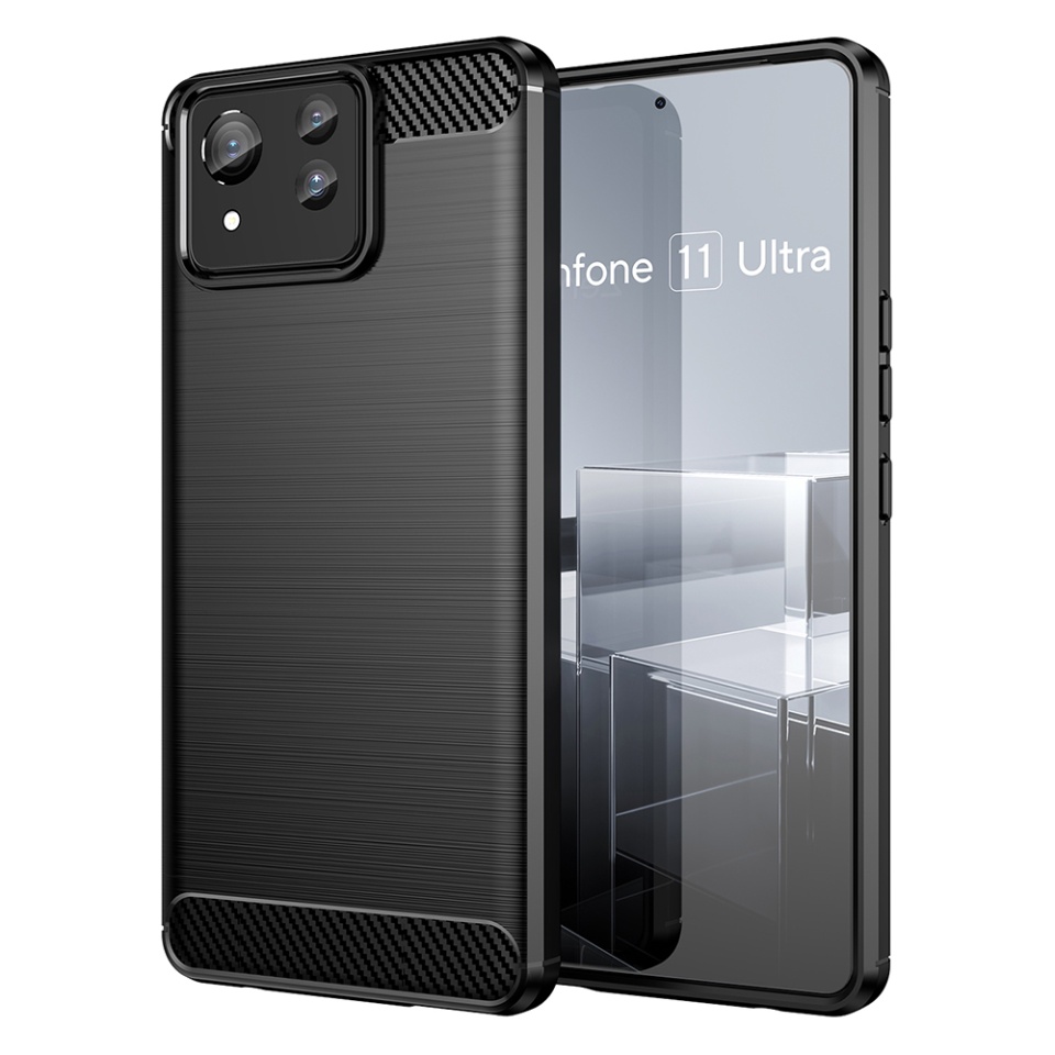 Husa pentru Asus Zenfone 11 Ultra din Silicon Premium, Slim, cu textura Fibra Carbon - Negru