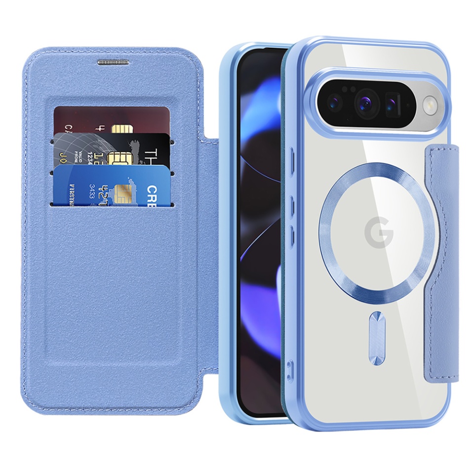 Husa pentru Google Pixel 10 / Pixel 10 Pro tip carte, SKYDDAR INOVATION, SmartMag Book, Magsafe, RFiD, Suport Carduri, set cu sticker, Bleu