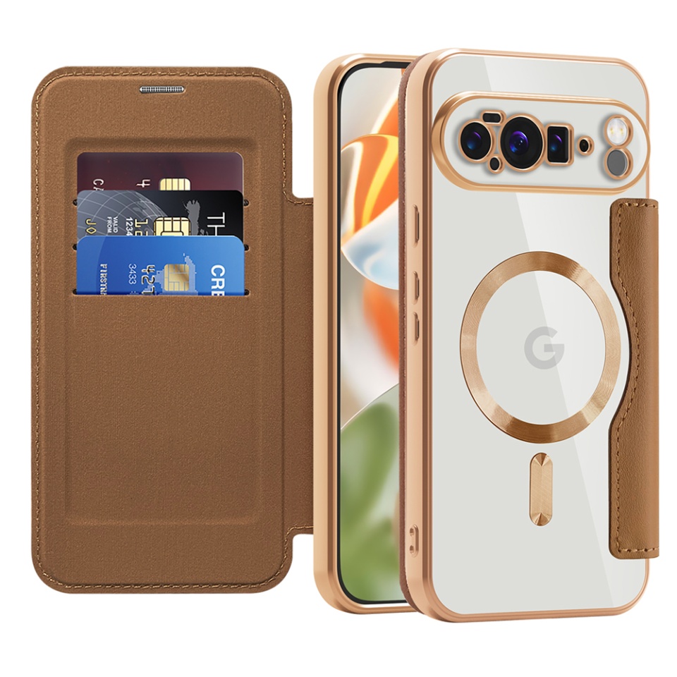Husa pentru Google Pixel 10 Pro XL tip carte, SKYDDAR INOVATION, SmartMag Book, Magsafe, RFiD, Suport Carduri, set cu sticker, Maro