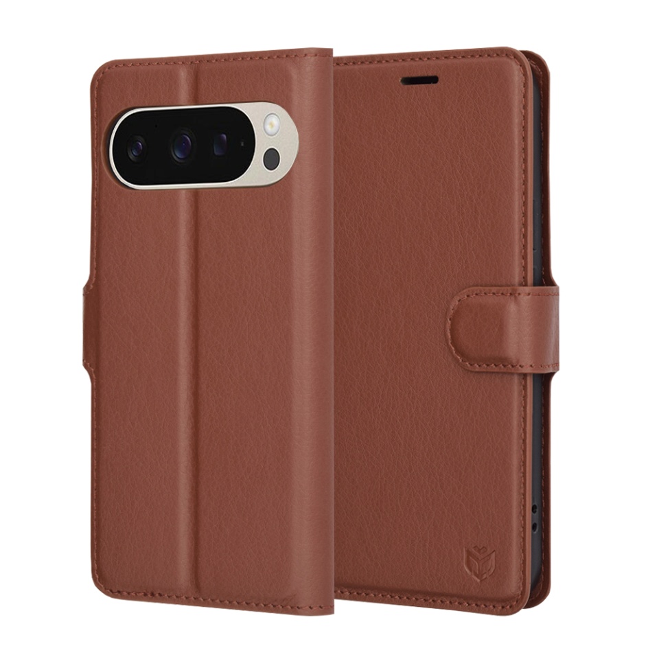 Husa pentru Google Pixel 9 / Pixel 9 Pro, SKYDDAR INNOVATION, Leather Folio tip Carte, cu Portofel Interior, Finisaje Premium, set cu sticker, Maro