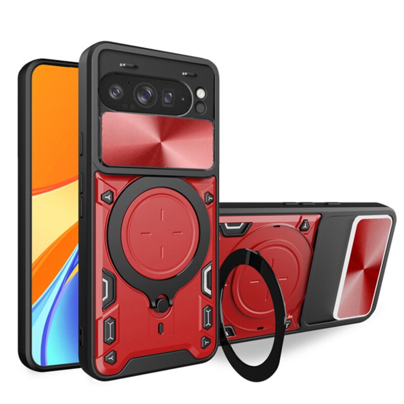 Husa pentru Google Pixel 9 Pro XL, cu inel magnetic si suport ajustabil, protectie completa camera, SKDR SafeCover - Rosu