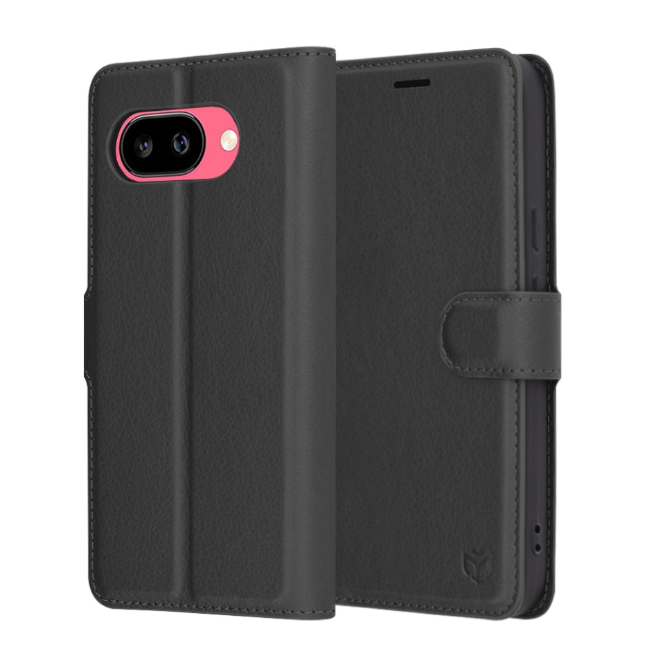 Husa pentru Google Pixel 9a, SKYDDAR INNOVATION, Leather Folio tip Carte, cu Portofel Interior, Finisaje Premium, set cu sticker, Negru