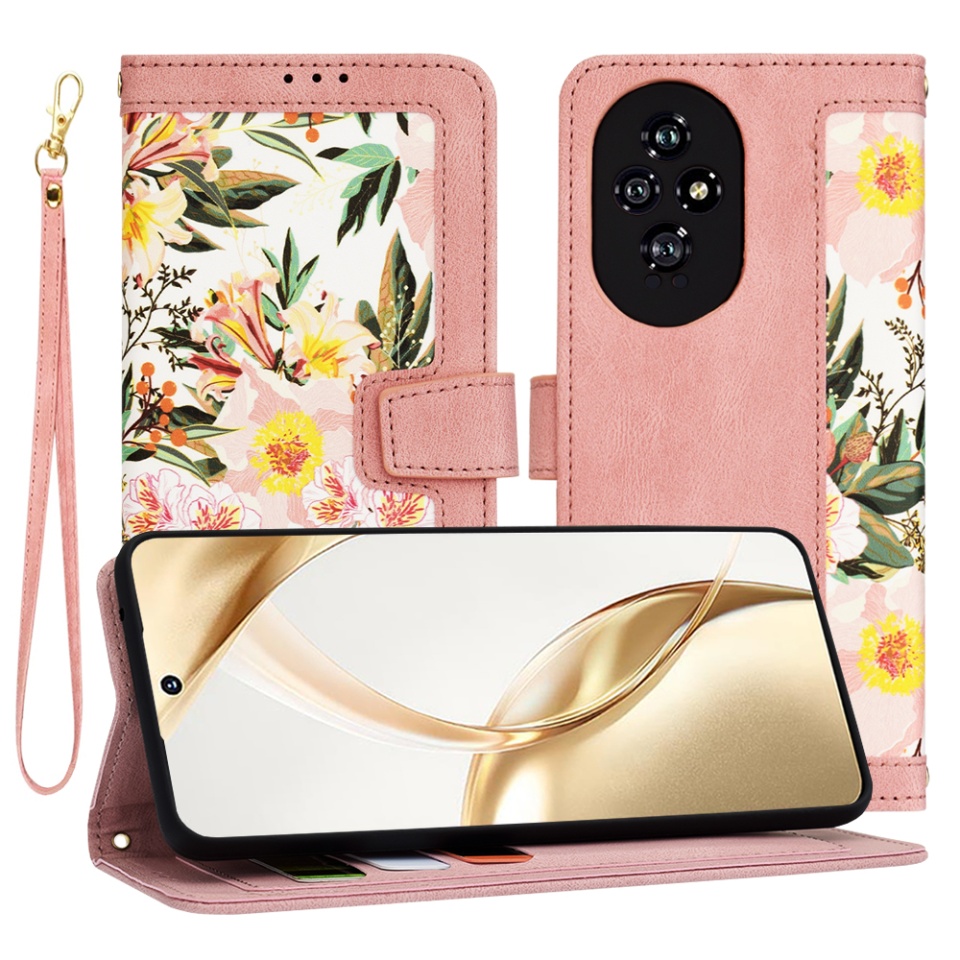 Husa pentru Honor 200 din Piele Ecologică cu Design Floral, Protecție 360°, Stand Integrat, Buzunare pentru Carduri, SKDR Floral Wallet - Roz