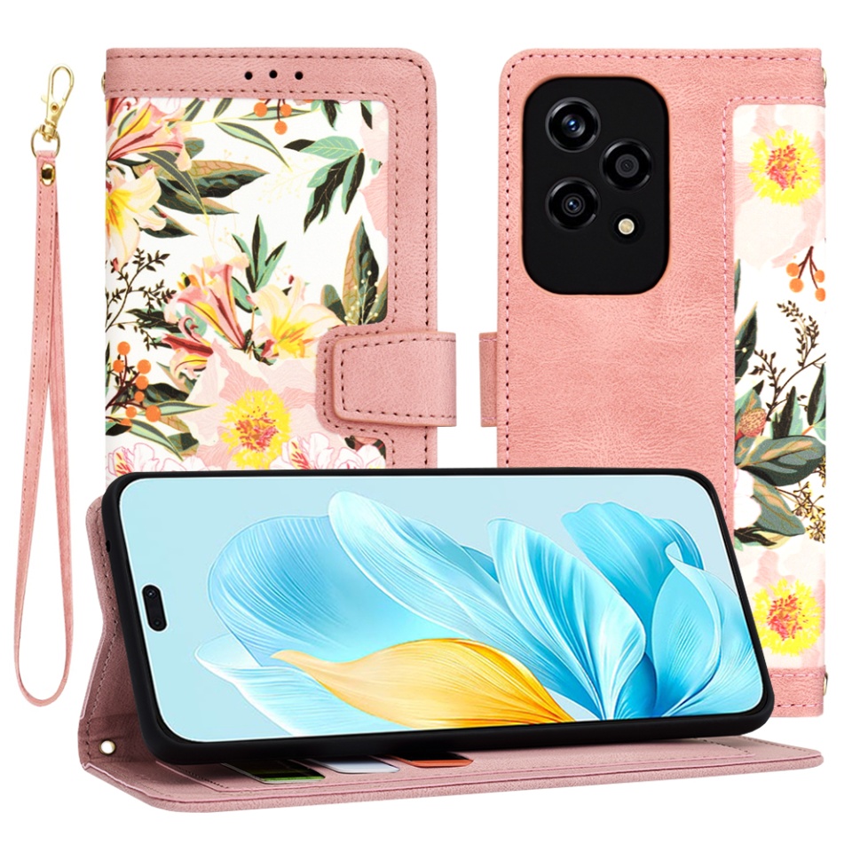 Husa pentru Honor 200 Lite din Piele Ecologică cu Design Floral, Protecție 360°, Stand Integrat, Buzunare pentru Carduri, SKDR Floral Wallet - Roz