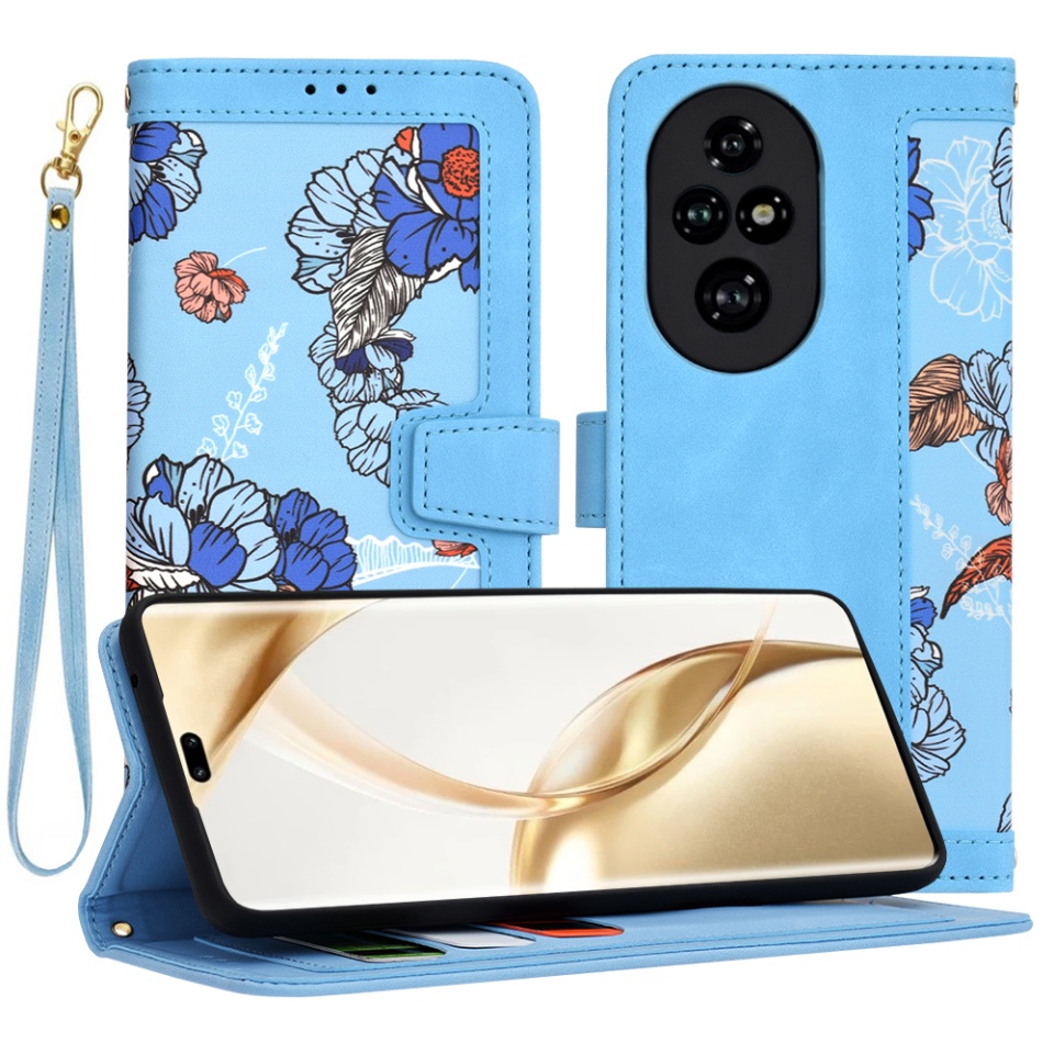 Husa pentru Honor 200 Pro din Piele Ecologică cu Design Floral, Protecție 360°, Stand Integrat, Buzunare pentru Carduri, SKDR Floral Wallet - Bleu