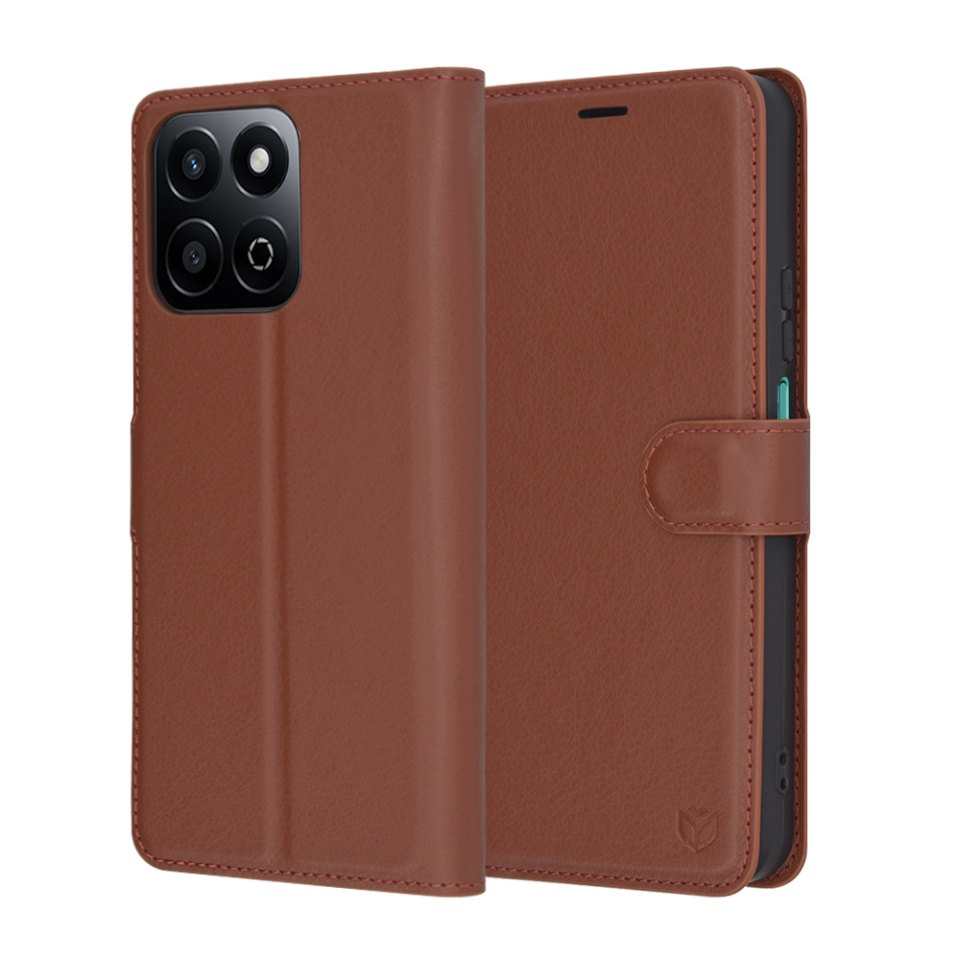 Husa pentru Honor 200 Smart / X7c, SKYDDAR INNOVATION, Leather Folio tip Carte, cu Portofel Interior, Finisaje Premium, set cu sticker, Maro