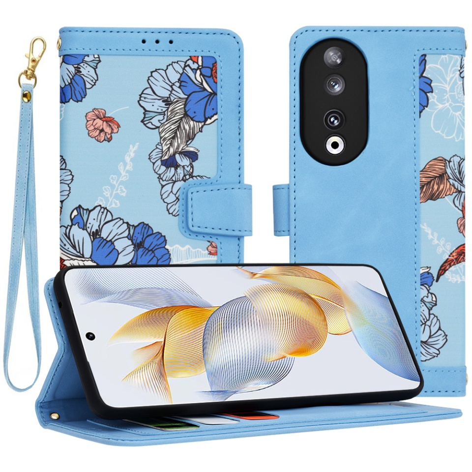 Husa pentru Honor 90 din Piele Ecologică cu Design Floral, Protecție 360°, Stand Integrat, Buzunare pentru Carduri, SKDR Floral Wallet - Bleu