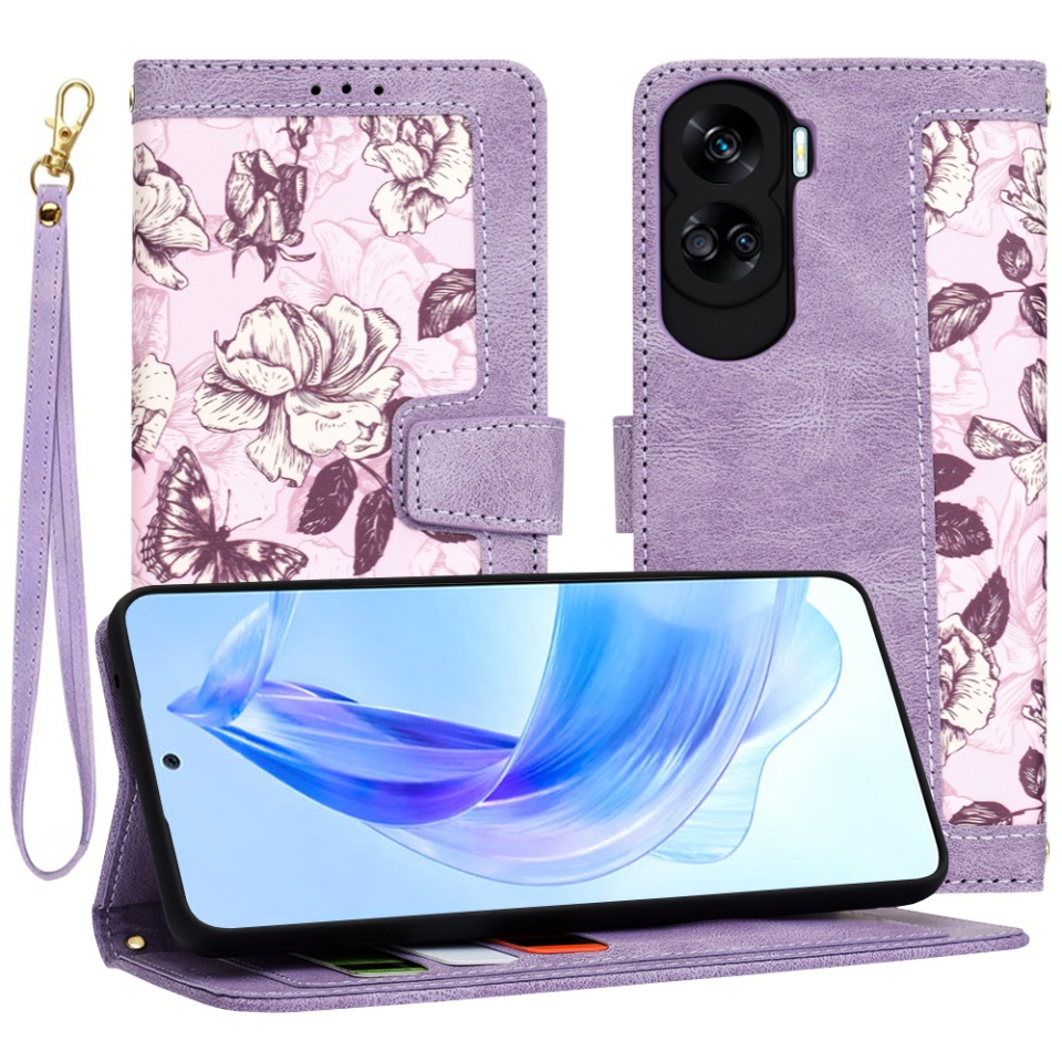 Husa pentru Honor 90 Lite din Piele Ecologică cu Design Floral, Protecție 360°, Stand Integrat, Buzunare pentru Carduri, SKDR Floral Wallet - Mov