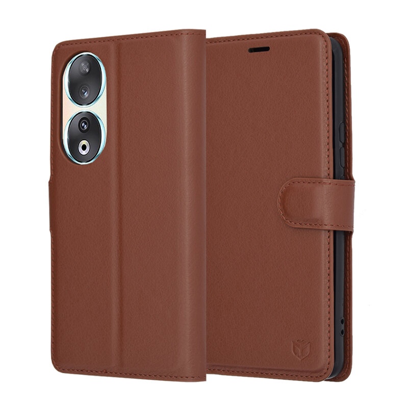 Husa pentru Honor 90, SKYDDAR INNOVATION, Leather Folio tip Carte, cu Portofel Interior, Finisaje Premium, set cu sticker, Maro