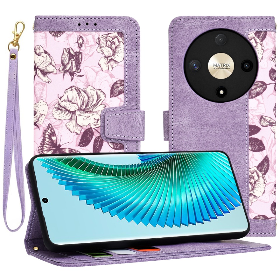 Husa pentru Honor Magic6 Lite din Piele Ecologică cu Design Floral, Protecție 360°, Stand Integrat, Buzunare pentru Carduri, SKDR Floral Wallet - Mov