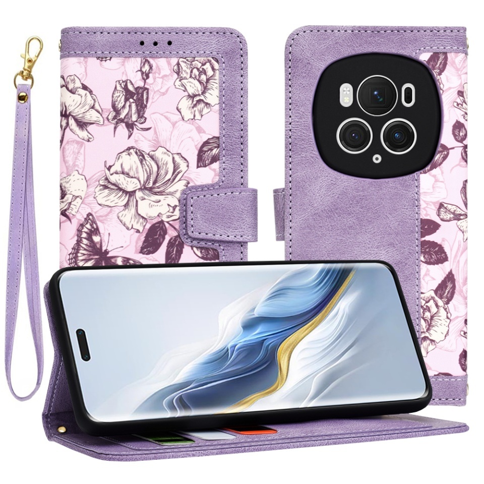 Husa pentru Honor Magic6 Pro, SKYDDAR INNOVATION, Flipcraft din Piele Ecologică, Stand Integrat, Buzunare pentru Carduri, set cu sticker, Mov