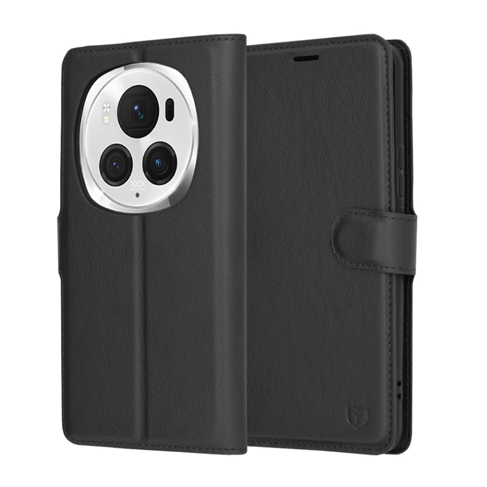 Husa pentru Honor Magic6 Pro, SKYDDAR INNOVATION, Leather Folio tip Carte, cu Portofel Interior, Finisaje Premium, set cu sticker, Negru