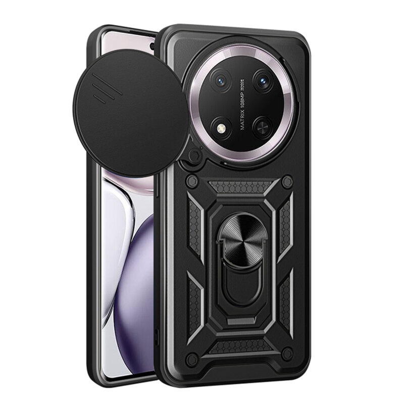 Husa pentru Honor Magic7 Pro cu inel magnetic si protectie camera CamShield cu sticker - Negru