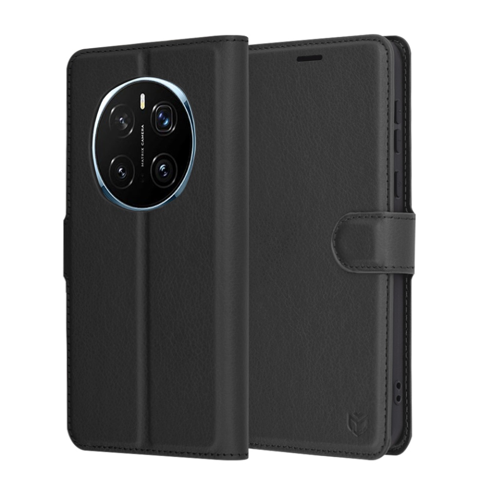 Husa pentru Honor Magic7 Pro, SKYDDAR INNOVATION, Leather Folio tip Carte, cu Portofel Interior, Finisaje Premium, set cu sticker, Negru