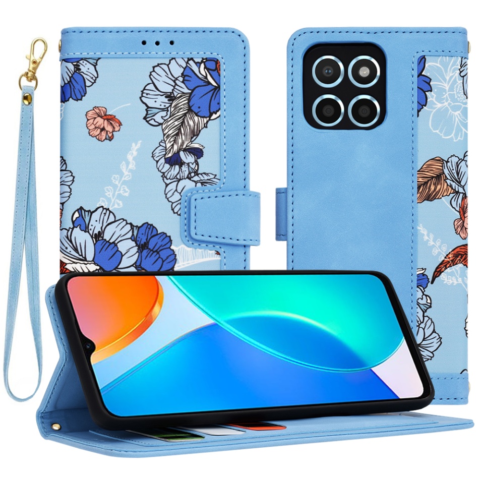 Husa pentru Honor X6 / X8 5G / 70 Lite din Piele Ecologică cu Design Floral, Protecție 360°, Stand Integrat, Buzunare pentru Carduri, SKDR Floral Wallet - Bleu