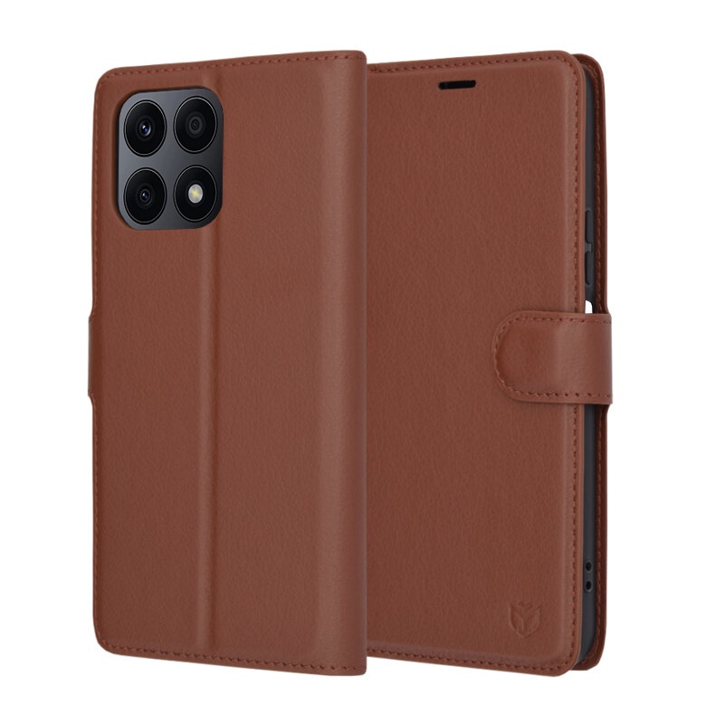 Husa pentru Honor X8a, SKYDDAR INNOVATION, Leather Folio tip Carte, cu Portofel Interior, Finisaje Premium, set cu sticker, Maro
