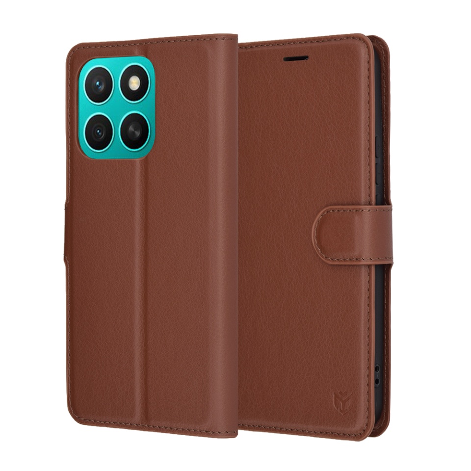 Husa pentru Honor X8c, SKYDDAR INNOVATION, Leather Wallet, tip Carte cu Portofel Interior, Finisaje Premium, set cu sticker, Maro