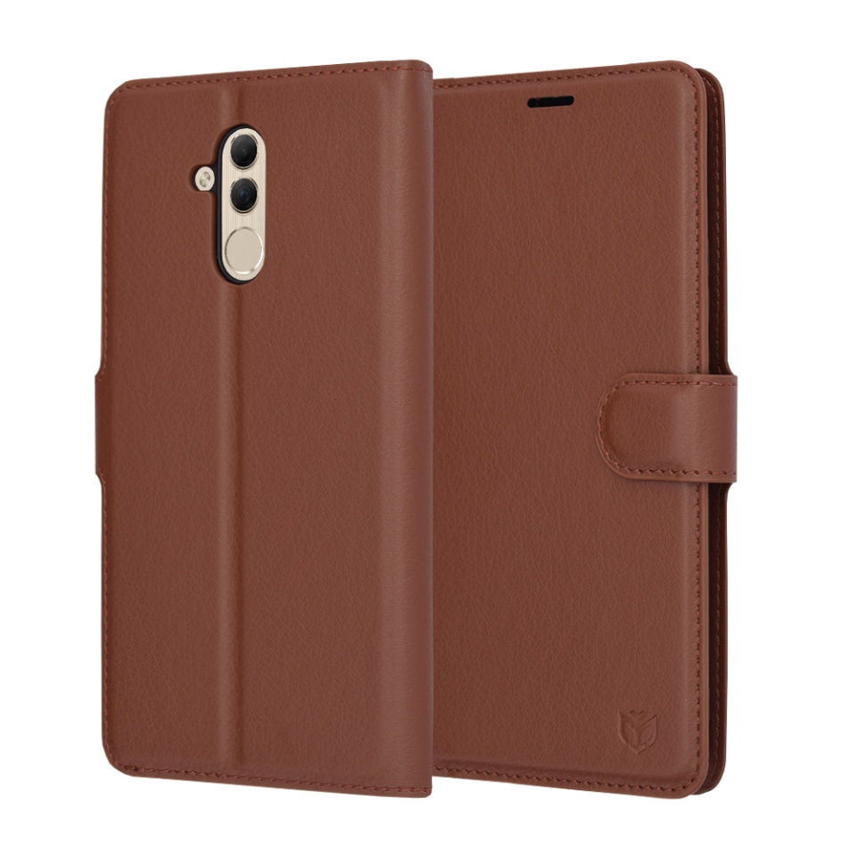 Husa pentru Huawei Mate 20 Lite, SKYDDAR INNOVATION, Leather Folio tip Carte, cu Portofel Interior, Finisaje Premium, set cu sticker, Maro