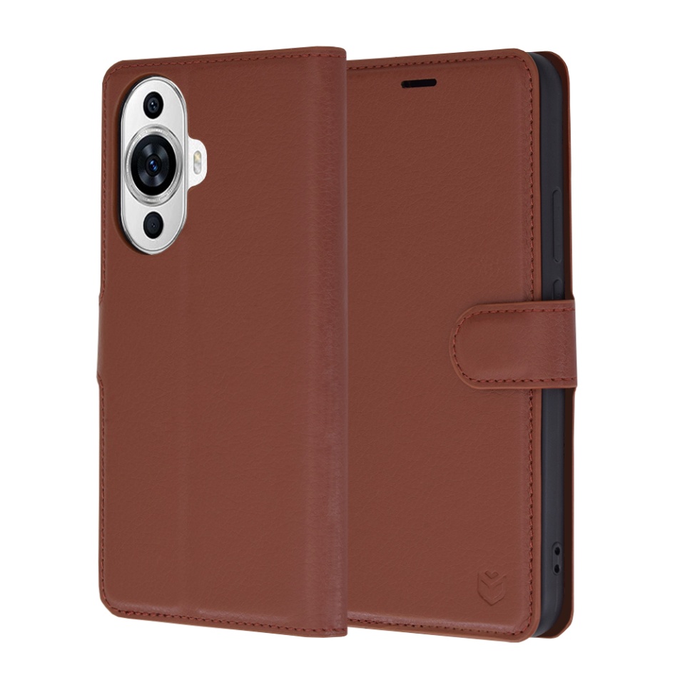 Husa pentru Huawei nova 11 / nova 12s, SKYDDAR INNOVATION, Leather Folio tip Carte, cu Portofel Interior, Finisaje Premium, set cu sticker, Maro