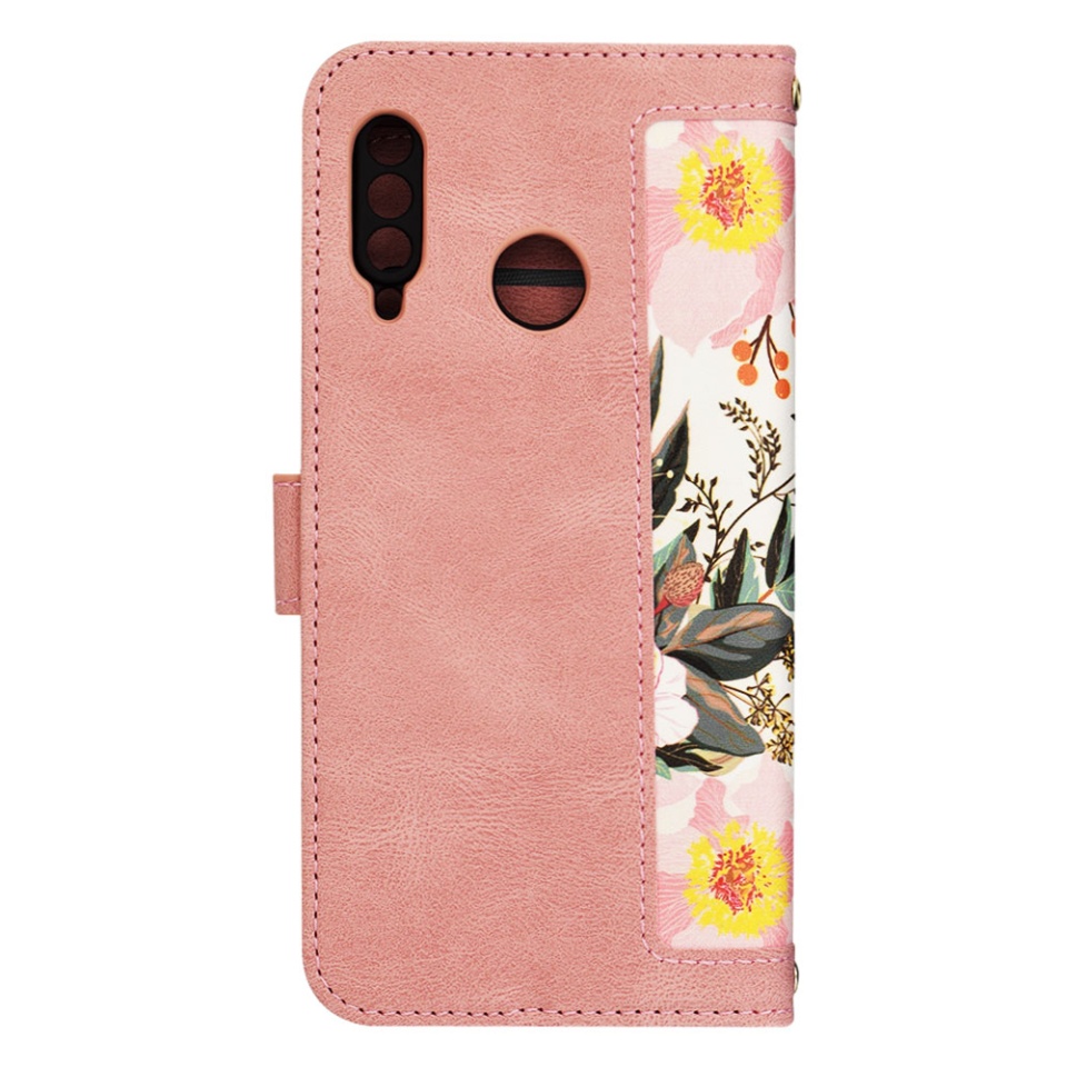 Husa pentru Huawei P30 Lite / P30 Lite New Edition din Piele Ecologică cu Design Floral, Protecție 360°, Stand Integrat, Buzunare pentru Carduri, SKDR Floral Wallet - Roz - 2 | YEO