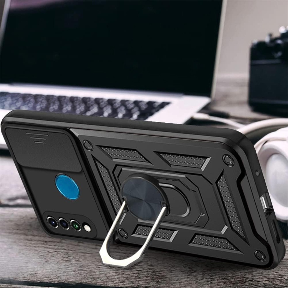 Husa pentru Huawei P30 Lite / P30 Lite New Edition, SKYDDAR INNOVATION, CamShield, Inel magnetic, set cu sticker, Negru - 2 | YEO