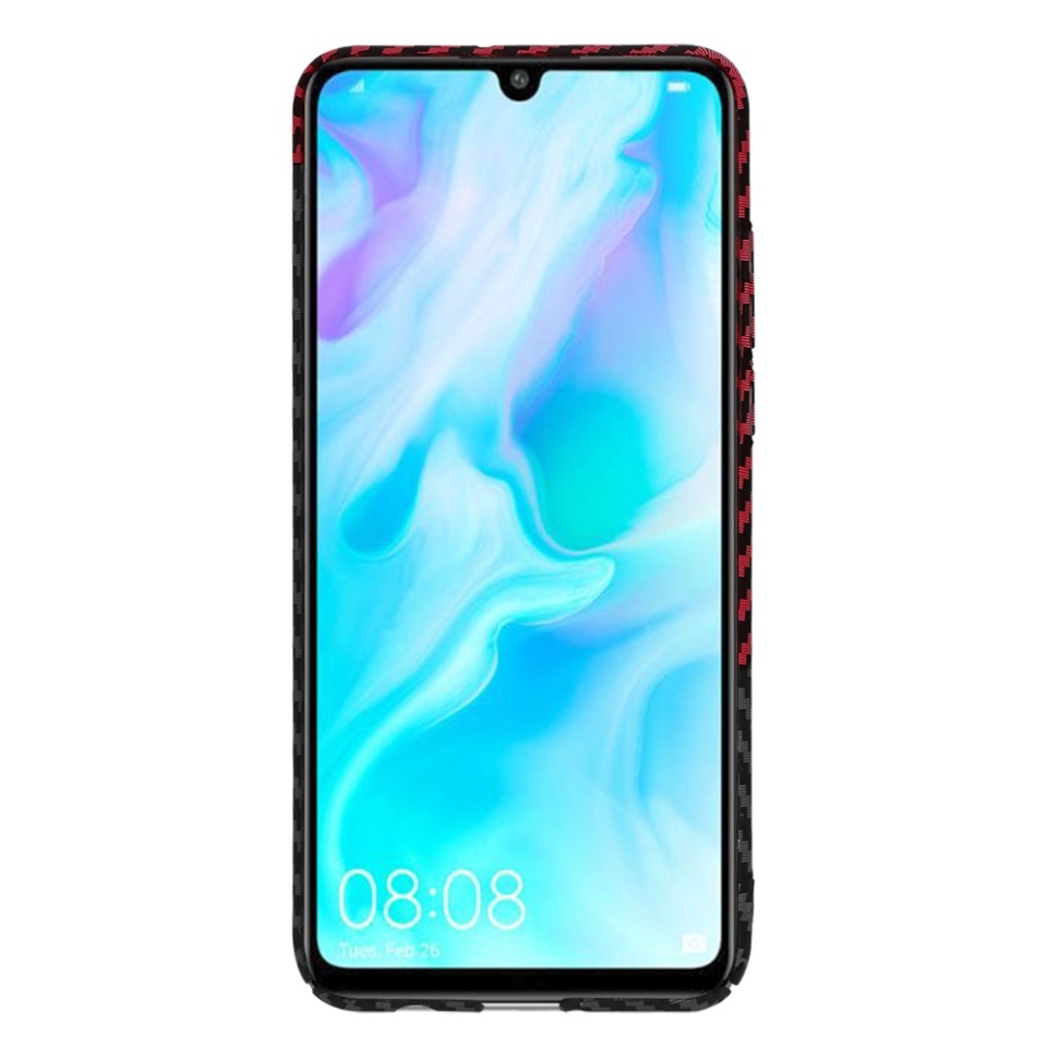 Husa pentru Huawei P30 Lite / P30 Lite New Edition, SKYDDAR INNOVATION, textura carbon, Carbonite FiberShell, set cu sticker, Rosu inchis, - 1 | YEO