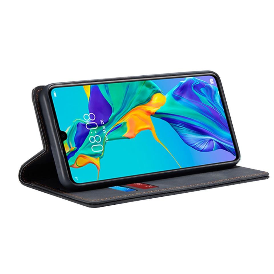 Husa pentru Huawei P30, SKYDDAR INNOVATION, Soft Wallet, tip Carte din piele Eco Premium, cu Portofel Interior, Negru, set cu sticker - 1 | YEO