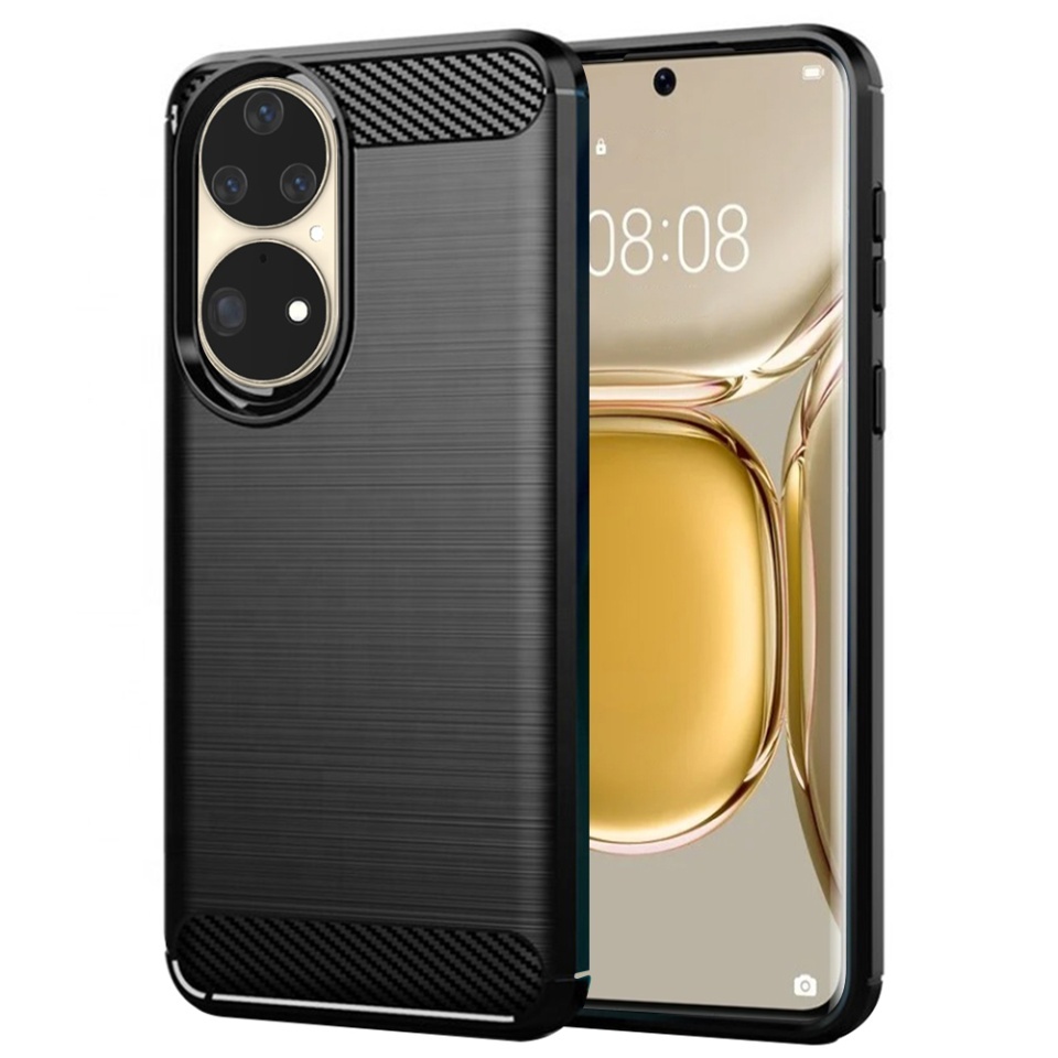Husa pentru Huawei P50 Pro, SKYDDAR INNOVATION, Carbon Silicone, din Silicon Slim, cu textura Fibra Carbon, set cu sticker, Negru