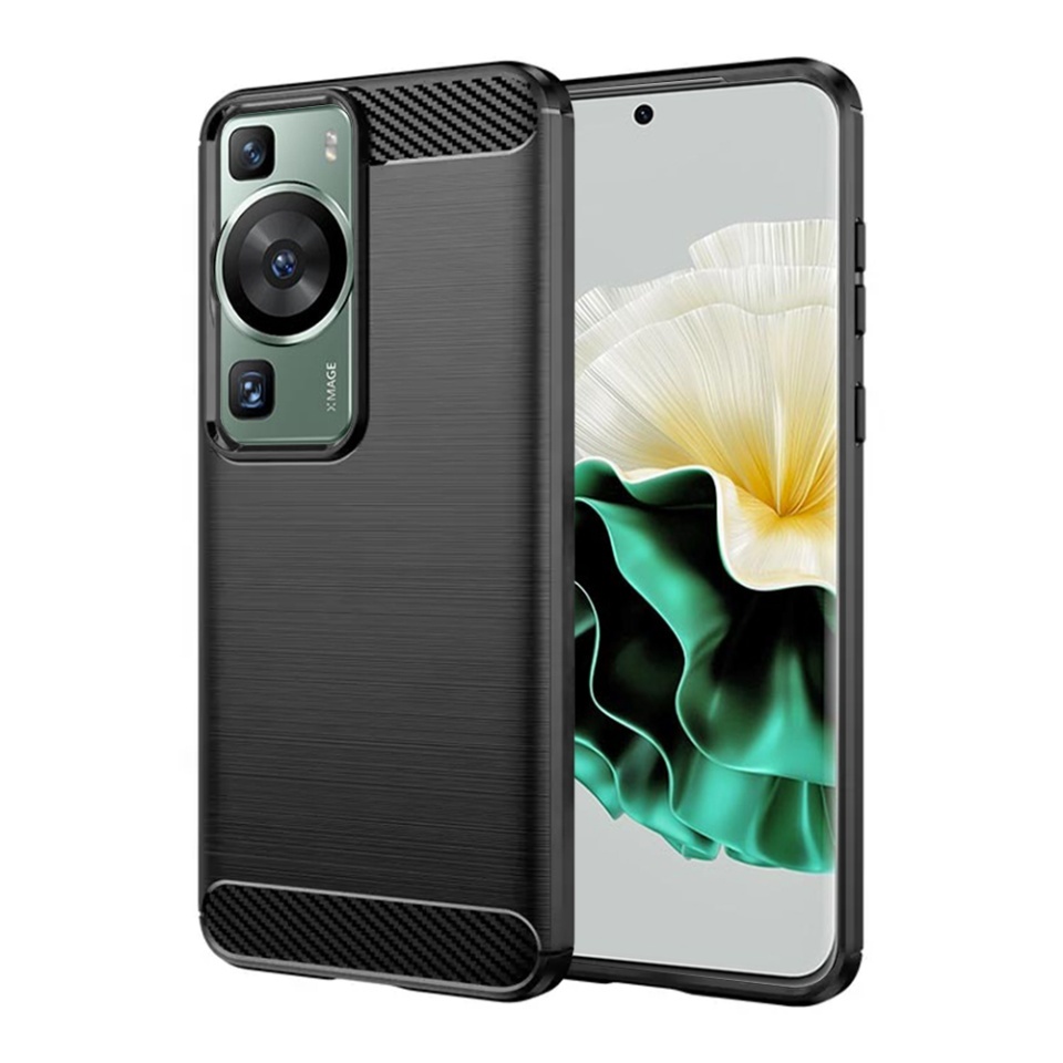 Husa pentru Huawei P60 / P60 Pro, SKYDDAR INNOVATION, Carbon Silicone, din Silicon Slim, cu textura Fibra Carbon, set cu sticker, Negru
