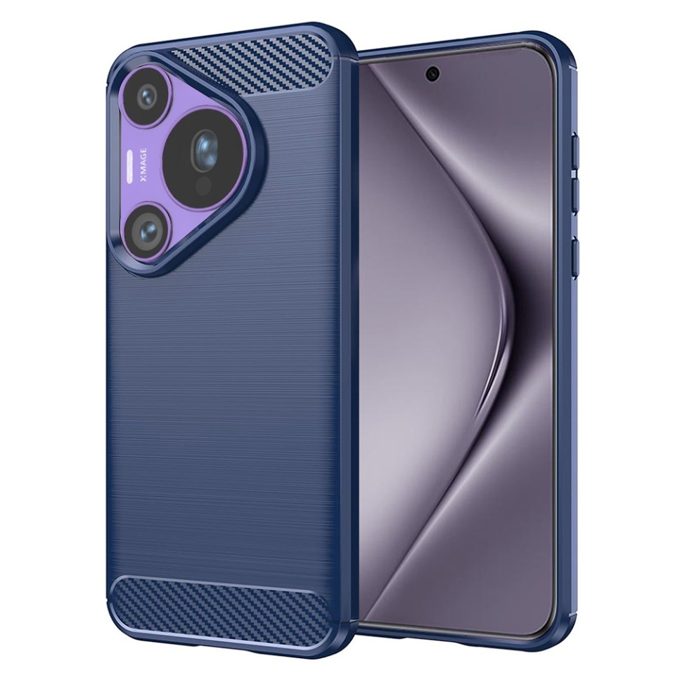 Husa pentru Huawei Pura 70 Pro, SKYDDAR INNOVATION, Carbon Silicone, din Silicon Slim, cu textura Fibra Carbon, set cu sticker, Albastru