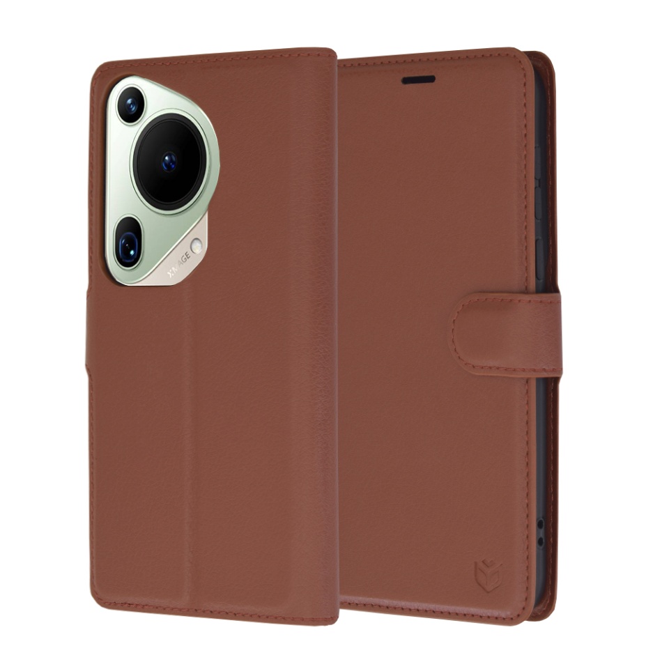 Husa pentru Huawei Pura 70 Ultra, SKYDDAR INNOVATION, Leather Folio tip Carte, cu Portofel Interior, Finisaje Premium, set cu sticker, Maro