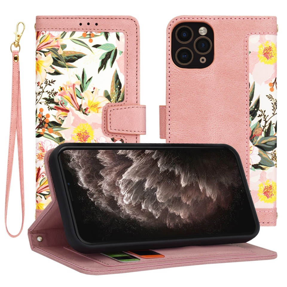 Husa pentru iPhone 11 Pro din Piele Ecologică cu Design Floral, Protecție 360°, Stand Integrat, Buzunare pentru Carduri, SKDR Floral Wallet - Roz