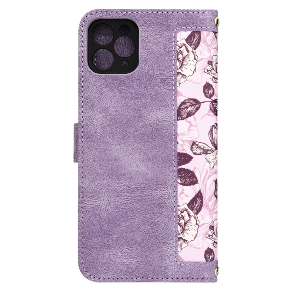 Husa pentru iPhone 11 Pro Max din Piele Ecologică cu Design Floral, Protecție 360°, Stand Integrat, Buzunare pentru Carduri, SKDR Floral Wallet - Mov - 2 | YEO