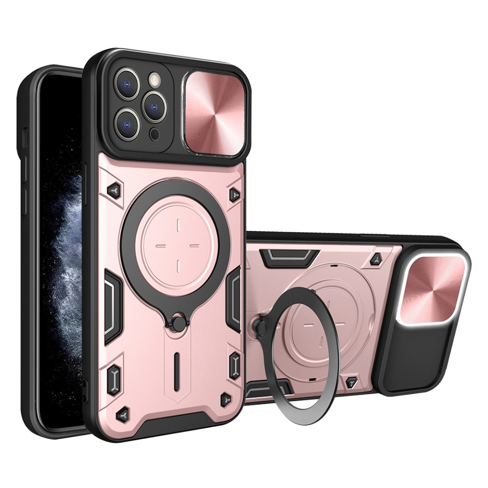 Husa pentru iPhone 11 Pro Max, SKYDDAR INNOVATION, CamGuard Pro, Inel Magnetic, Protectie Camera, Roz auriu, set cu sticker