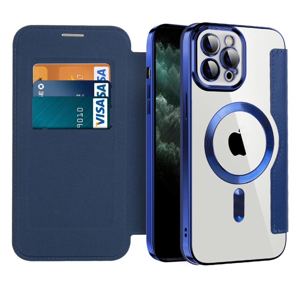 Husa pentru iPhone 11 Pro Max tip carte, SKYDDAR INOVATION, SmartMag Book, Magsafe, RFiD, Suport Carduri, set cu sticker, Albastru