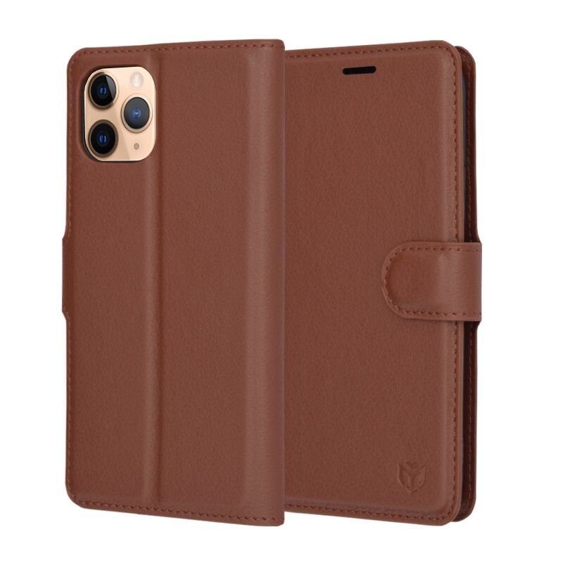 Husa pentru iPhone 11 Pro, SKYDDAR INNOVATION, Leather Folio tip Carte, cu Portofel Interior, Finisaje Premium, set cu sticker, Maro