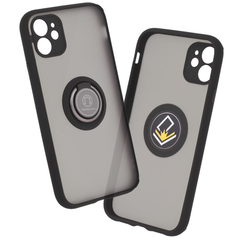 Husa pentru iPhone 11, SKYDDAR INNOVATION, Glinth cu Inel Rotativ 360° Magnetic, Negru, set cu sticker