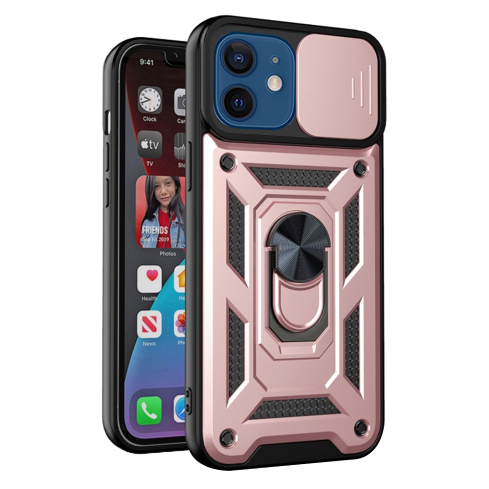 Husa pentru iPhone 12 / 12 Pro, SKYDDAR INNOVATION, CamShield, Inel magnetic, set cu sticker, Roz