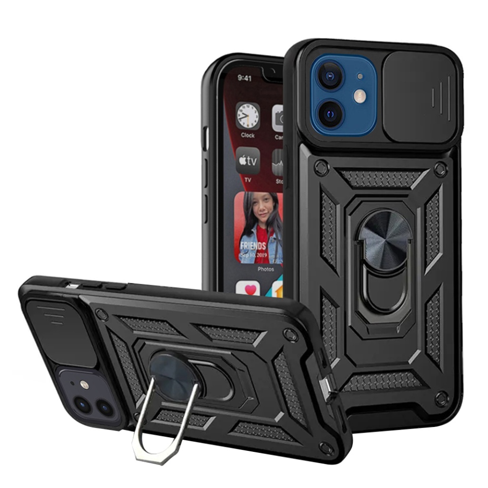 Husa pentru iPhone 12 / 12 Pro, SKYDDAR INNOVATION, CamShield, Negru, set cu sticker