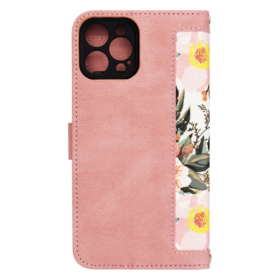 Husa pentru iPhone 12 Pro Max din Piele Ecologică cu Design Floral, Protecție 360°, Stand Integrat, Buzunare pentru Carduri, SKDR Floral Wallet - Roz - 2 | YEO