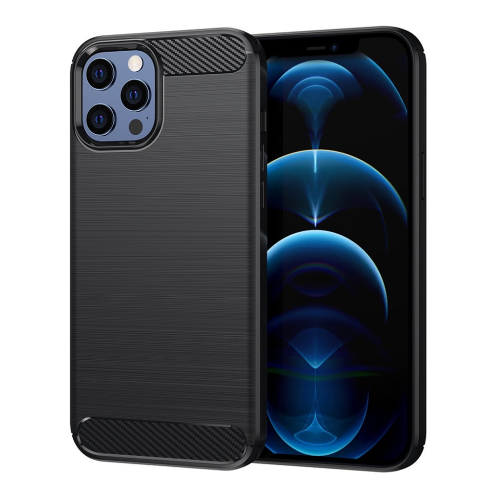 Husa pentru iPhone 12 Pro Max, SKYDDAR INNOVATION, Carbon Silicone, din Silicon Slim, cu textura Fibra Carbon, set cu sticker, Negru