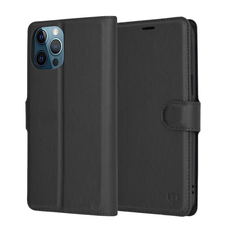 Husa pentru iPhone 12 Pro Max, SKYDDAR INNOVATION, Leather Folio tip Carte, cu Portofel Interior, Finisaje Premium, set cu sticker, Negru