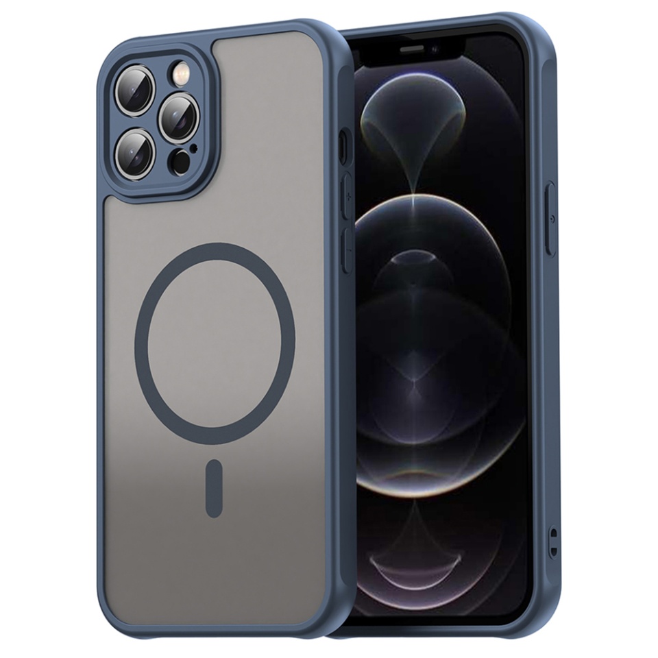 Husa pentru iPhone 12 Pro, SKYDDAR INNOVATION, HaloFrost MagSafe II, Antisoc, set cu sticker, Bleumarin