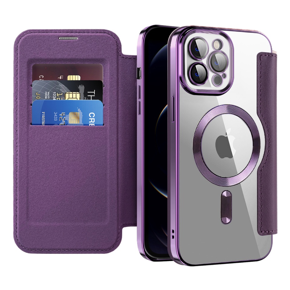 Husa pentru iPhone 12 Pro tip carte, SKYDDAR INOVATION, SmartMag Book, Magsafe, RFiD, Suport Carduri, set cu sticker, Mov