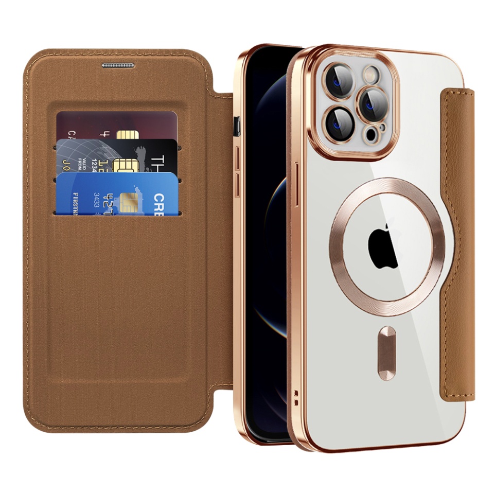 Husa pentru iPhone 12 Pro tip carte, SKYDDAR INOVATION, SmartMag Book, Magsafe, RFiD, Suport Carduri, set cu sticker, Maro