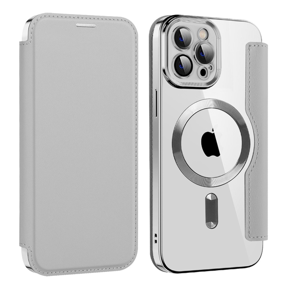Husa pentru iPhone 12 Pro tip carte, SKYDDAR INOVATION, SmartMag Book, Magsafe, RFiD, Suport Carduri, set cu sticker, Gri - 1 | YEO