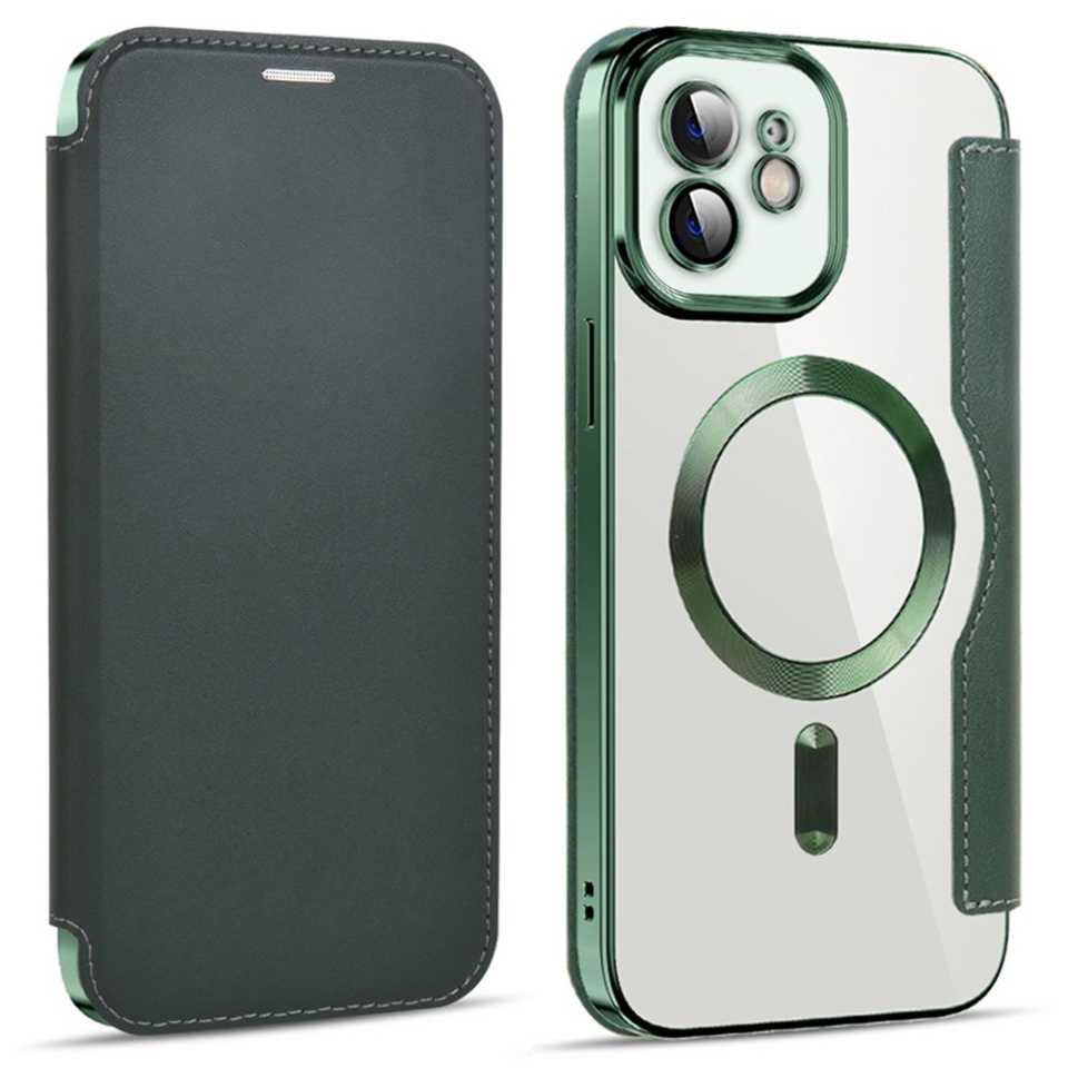 Husa pentru iPhone 12 tip carte, SKYDDAR INOVATION, SmartMag Book, Magsafe, RFiD, Suport Carduri, set cu sticker, Verde - 1 | YEO